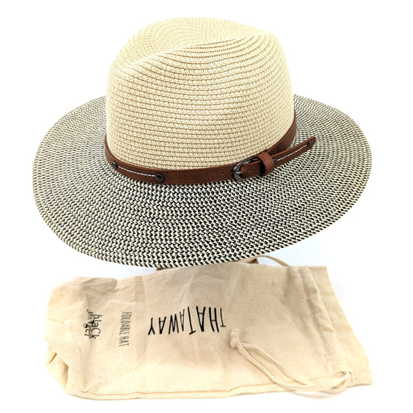 Folding Panama Style Travel Sun Hat - Mottled/Natural with Belt (57cm)